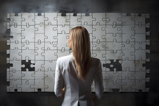Teamwork and Problem-solving Businesswoman Engaged in Puzzle-solving on Wall. generative ai