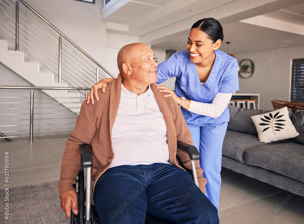 Poster Nurse, smile and man with disability in wheelchair for medical trust, nursing therapy and support at home. Happy patient, caregiver and woman in healthcare, rehabilitation service and retirement help