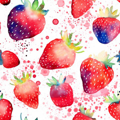 Seamless pattern watercolor illustration: strawberry berries and flowers. Summer watercolor sketch of berries. AI.