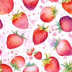 Seamless pattern watercolor illustration: strawberry berries and flowers. Summer watercolor sketch of berries. AI.