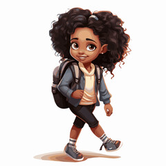 simple cartoon clipart black african american girl student child going to school white background