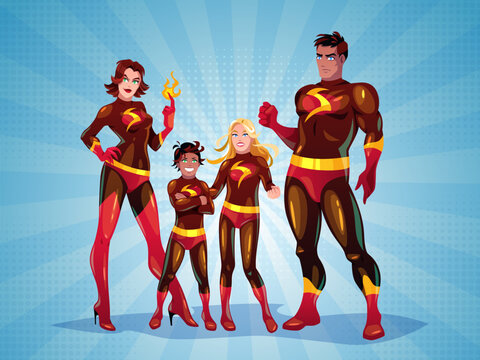 Super heroes family. Cartoon parents with children in costumes, superpowers and fire skills, comics characters. Children and parents, mother and father, son and daughter tidy vector concept