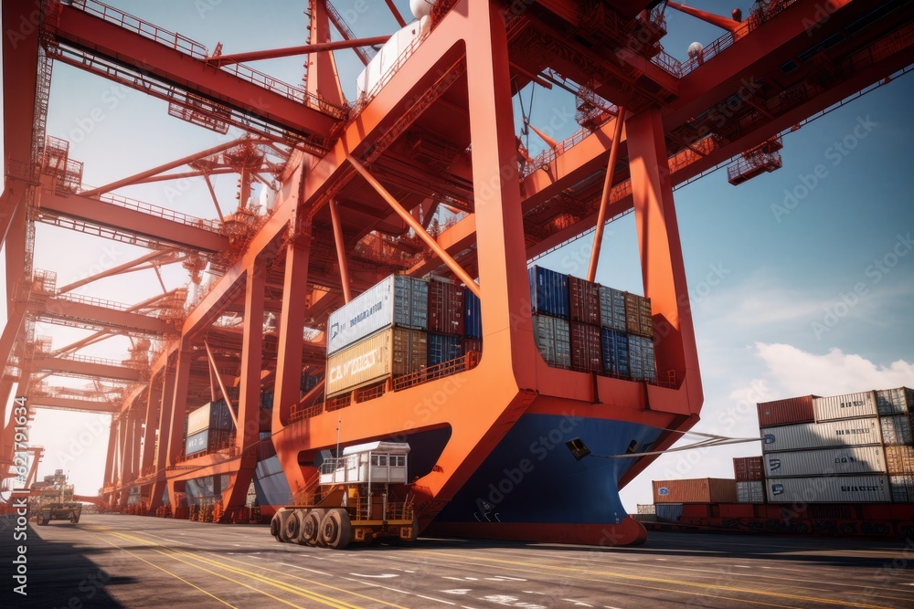 Poster loading a container ship at cargo berth of the seaport using port cranes. containers are stacked and
