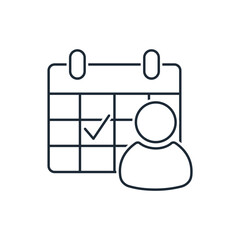 Person sign on the background of a calendar with a check mark. Personal day. Vector linear icon isolated on white background.