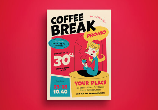 Red Mid Century Coffee Break Promo Flyer Layout