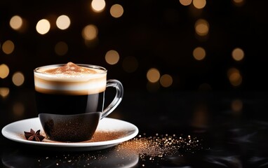 cup of latte coffee with cinnamon, anise and whipped cream on a plate, blurred sparkling dark and orange background with beautiful bokeh, coffee beans and glitter on the wooden table