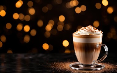 glass cup of latte with cinnamon and whipped cream on a plate, blurred sparkling dark and gold background with beautiful bokeh, coffee beans on the wooden table