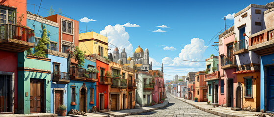 Fototapeta na wymiar Mexikanisches Stadtbild: Eine niedliche Cartoon-Darstellung bunter Gebäude