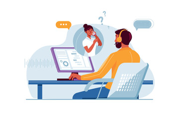Call center concept with people scene in the flat cartoon design. A call center employee listens to a client on the phone. Vector illustration. - obrazy, fototapety, plakaty