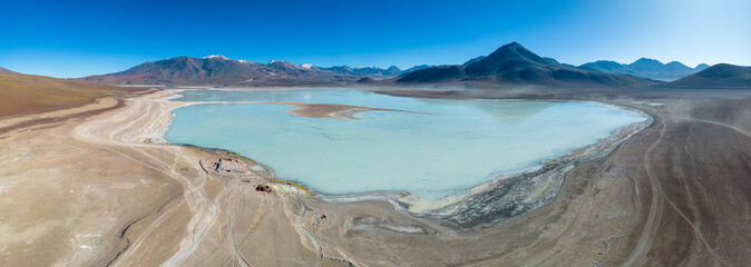 Aerial view of the picturesque Laguna Verde, just one natural sight while traveling the scenic lagoon route through the Bolivian Altiplano - Panorama
