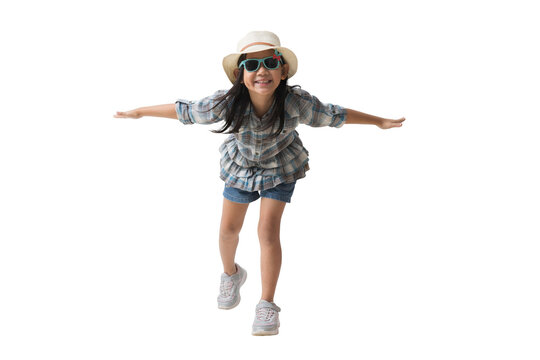 Happy smiling asian little girl spread out your arms, Full body isolated on white background