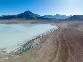 Fototapeta na wymiar Aerial view of the picturesque Laguna Verde, just one natural sight while traveling the scenic lagoon route through the Bolivian Altiplano 