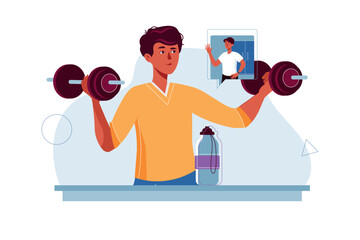 Online fitness concept with people scene in the flat cartoon style. A guy does physical exercises with dumbbells. Vector illustration.