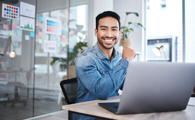 Portrait, business and man with a laptop, smile and connection with website information, advertising agency and career. Face, happy male person or ad agent with a pc, digital planning and copywriting