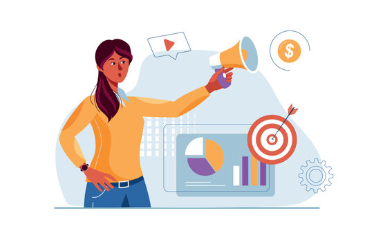Digital marketing concept with people scene in the flat cartoon design. A marketer works on the target of goods and services. Vector illustration.