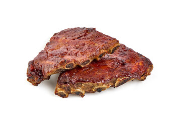 Barbecued pork spare ribs, isolated on white background.