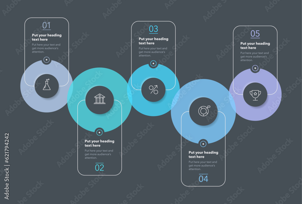 Aufkleber circular process infographic template with five steps - dark version. simple chart design for workfl