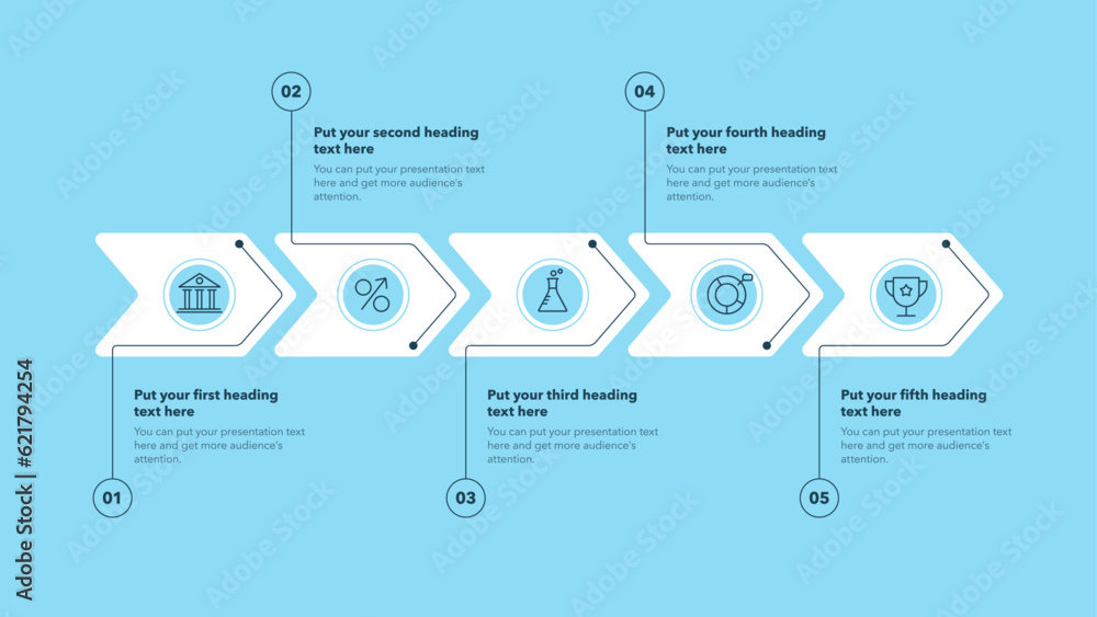 Poster Horizontal arrow process template with five steps - blue version. Flat infographic design, easy to use for your website or presentation.