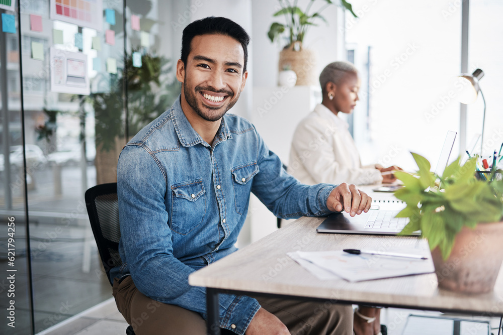 Poster portrait of happy man at desk in coworking space with laptop, notes and work at design agency. busin