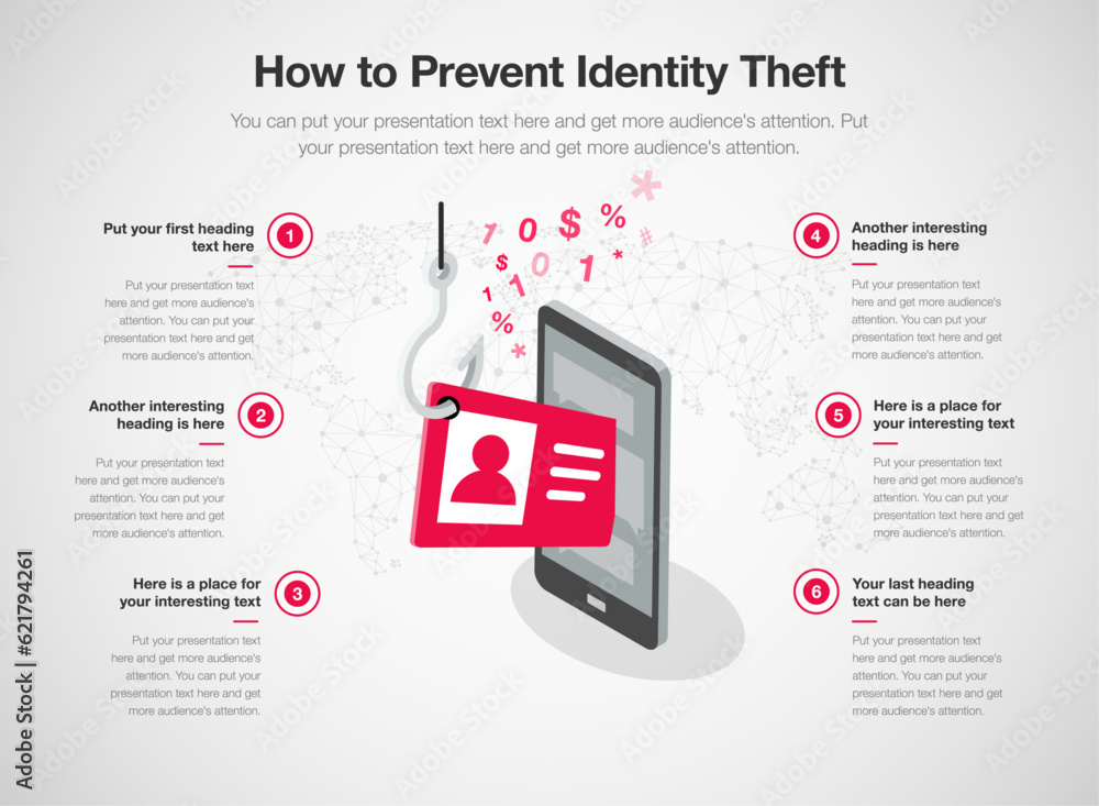 Aufkleber infographic template for how to prevent identity theft. 6 stages template with a fishing hook steali