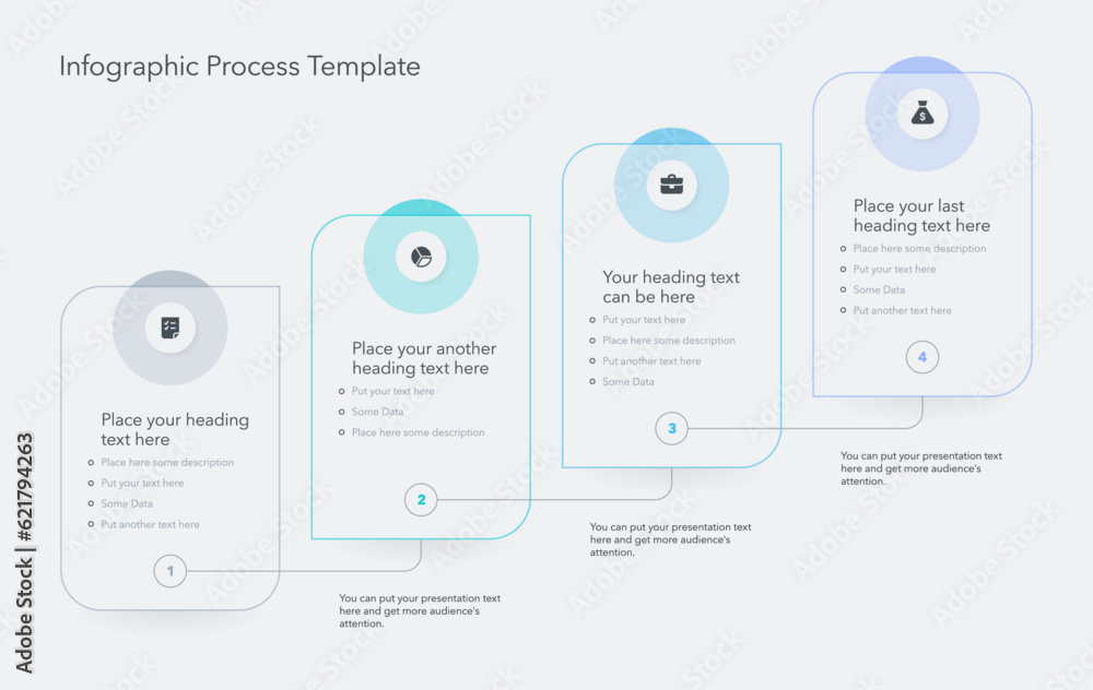 Poster Simple staircase infographic template with four options. Flat presentation diagram with thin lines and minimalistic icons.