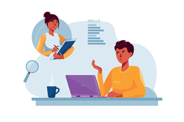 Job interview concept with people scene in the flat cartoon style. A man is interviewing for a job online. Vector illustration.