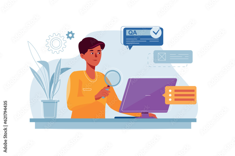 Poster qa engineer concept with people scene in the flat cartoon style. a computer engineer monitors all st