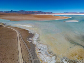 Aerial view of Laguna Chalviri, just one natural sight while traveling the scenic lagoon route through the Bolivian Altiplano in South America