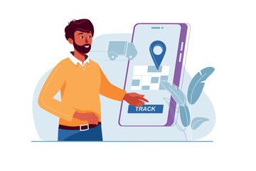 Delivery tracking concept with people scene in the flat cartoon design. The client tracks the movement of his parcel in a special application. Vector illustration.