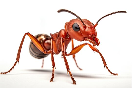 A focused view of a solitary red ant against a plain white background isolated. AI-generated.