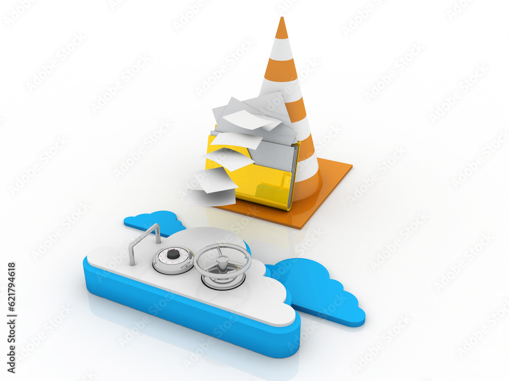 Poster 3d rendering cloud folder storage lock with traffic cone