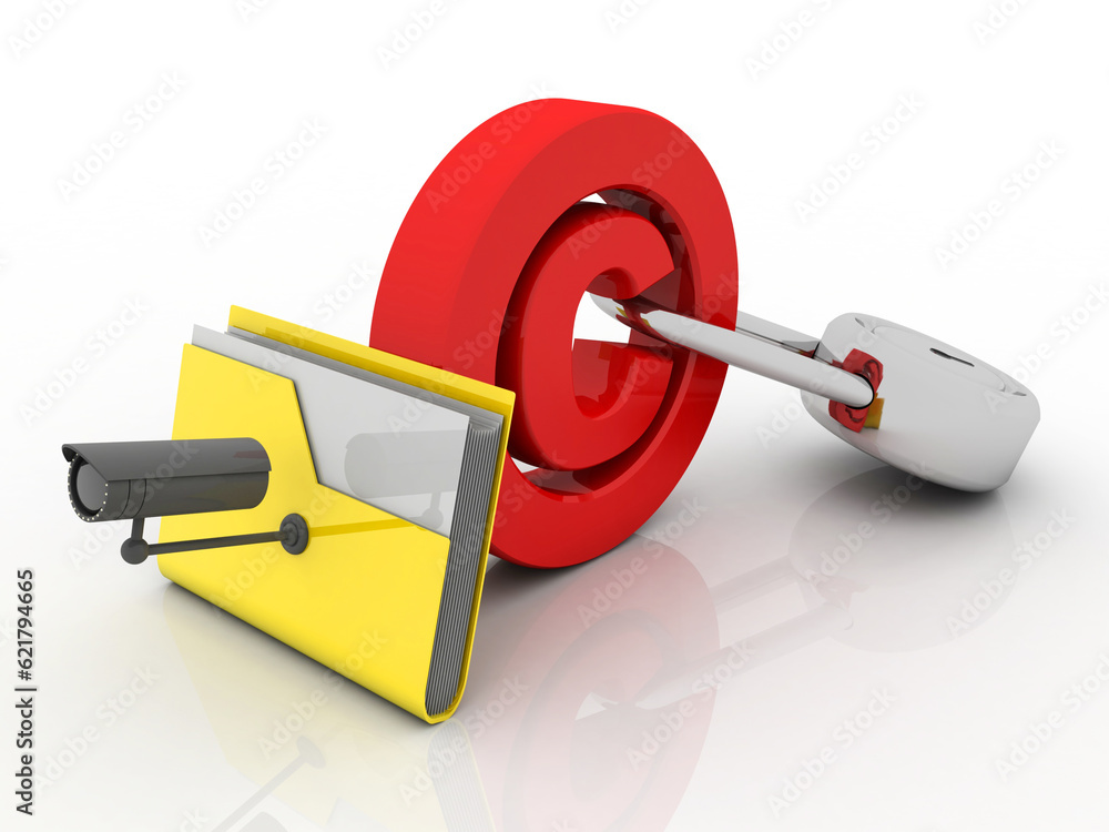 Poster 3d rendering surveillance cctv security camera protected folder with copyright lock
