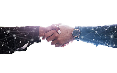 Handshake, connection overlay and agreement for business, deal or contract in tech company by white background. Closeup, shaking hands and partnership for digital transformation, it and b2b hiring