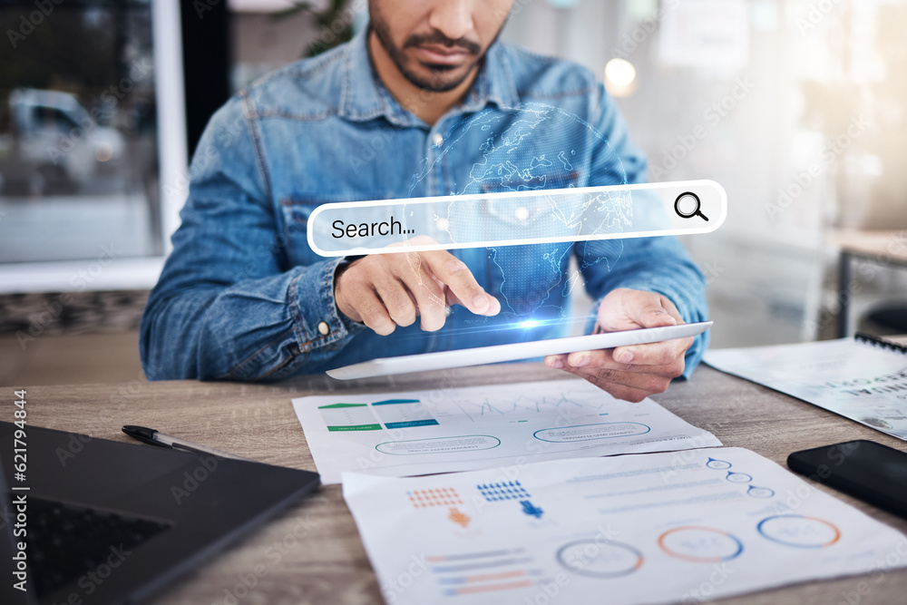 Aufkleber Business man, tablet and hologram ui in startup office, web design or creativity for search with seo. Developer, digital touchscreen and typing for futuristic app, programming and holographic menu ux