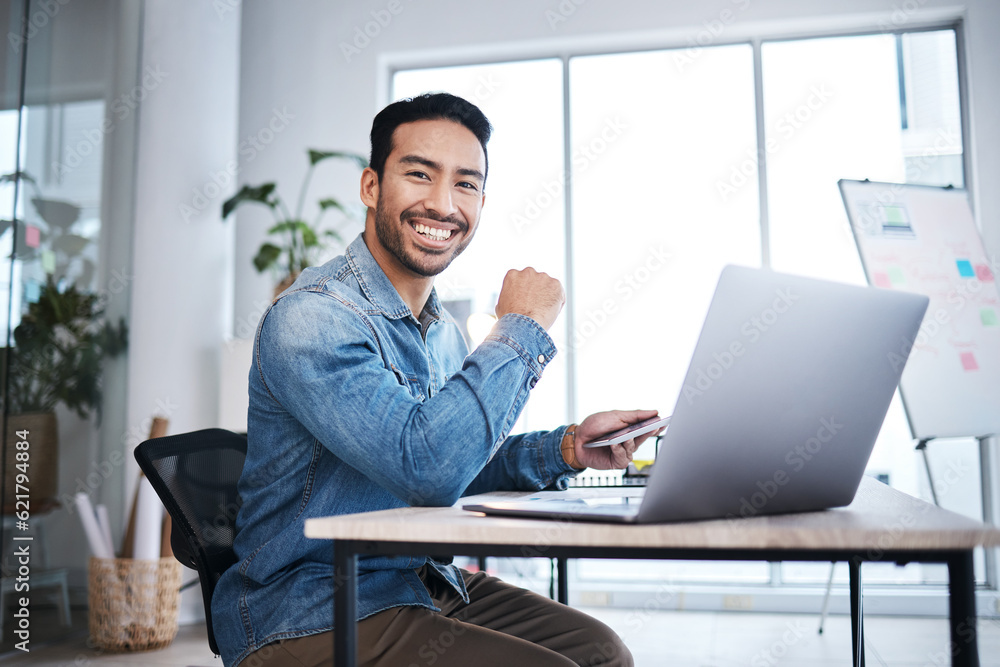 Poster business man, laptop and smile in startup office, web design or planning with pride for entrepreneur