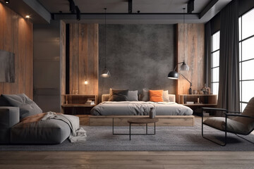 home living design - an industrial chic bedroom with wood paneling and brown furniture