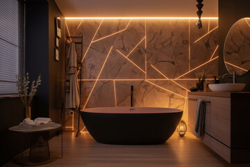 modern living bathroom, home - a modern bathroom with marble walls and lighting