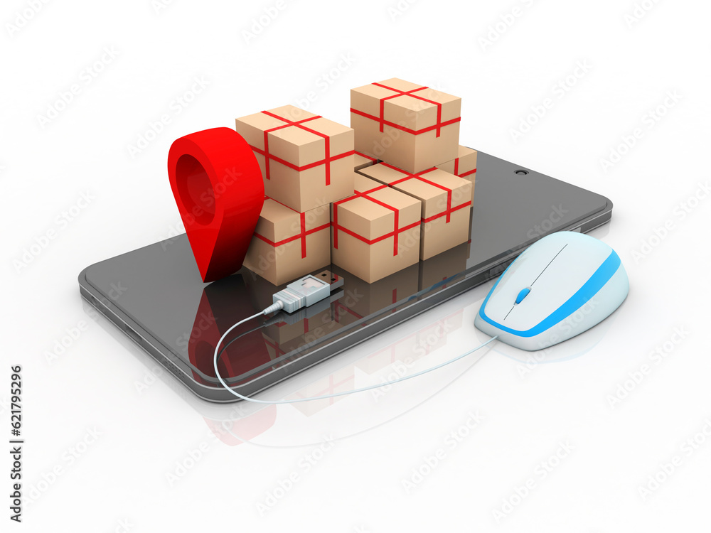 Poster 3d rendering red map pointer with card box on mobile phone connected mouse