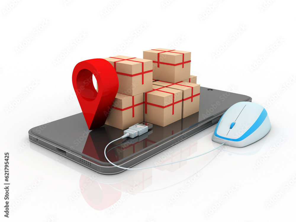 Poster 3d rendering red map pointer with card box on mobile phone connected mouse