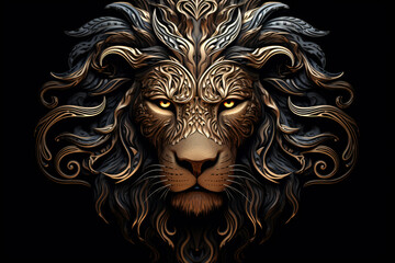 illustration of a lion head style like graphic novel mixed with Maori tattoo art isolated against black background 