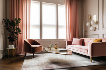 Fototapeta na wymiar modern living room - a pink couch chair and table sitting in front of window in a small living room