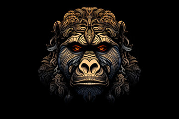 illustration of a gorilla head style like graphic novel mixed with Maori tattoo art isolated against black background 