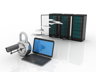 Obraz premium 3d illustration Data center server protection cctv camera connected laptop