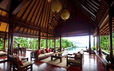 Fototapeta premium Bali Living room interior indoor display by shining bright sunlight from the window
