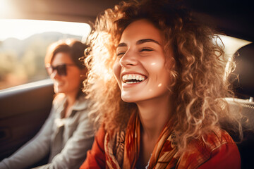 nice looking woman smiling at road trip with friends in the car ai generated art