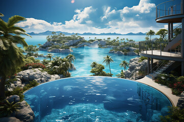 Beautiful Landscape of a Pool in Resort with Tropical Sea Nature Background on Sunny Day