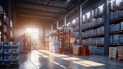 Large industrial warehouse. High racks filled with boxes and containers. Boxes on pallets in the loading area. Daylight fills the room through the windows. Global logistics concept. 3D illustration.