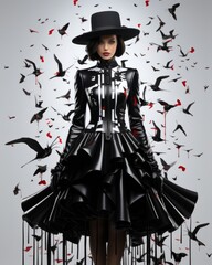 WOMAN DRESSED IN BLACK LEATHER WITH BLACK RAVEN CAPE. IMAGE AI