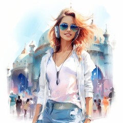 GIRL WALKING IN TOWN WITH MUSIC HEADPHONES. IMAGE AI