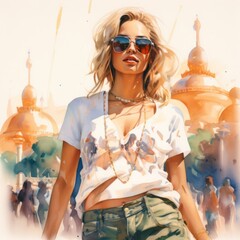 GIRL WALKING IN TOWN. watercolor street style image for Tomorrowland festiva. IMAGE AI